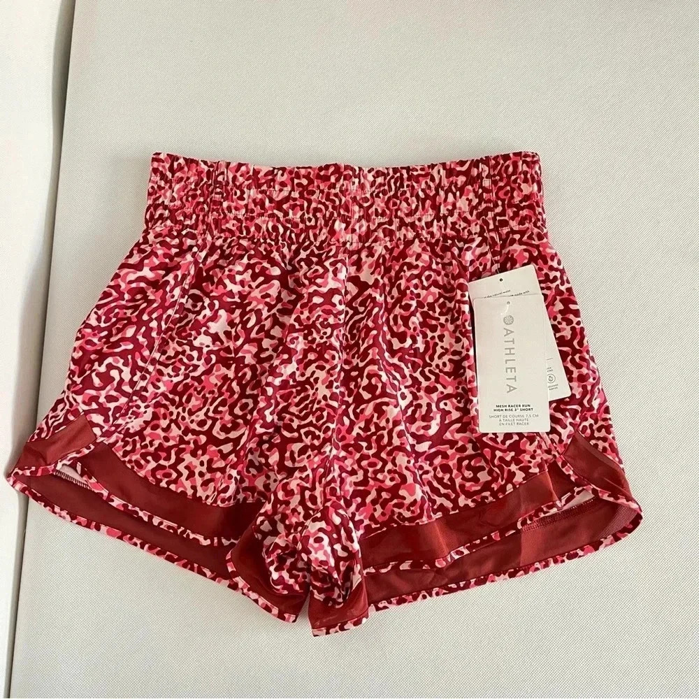 Athleta Shorts High Rise Mesh Racer Run Burgundy Leopard Built-In Liner 3" Small